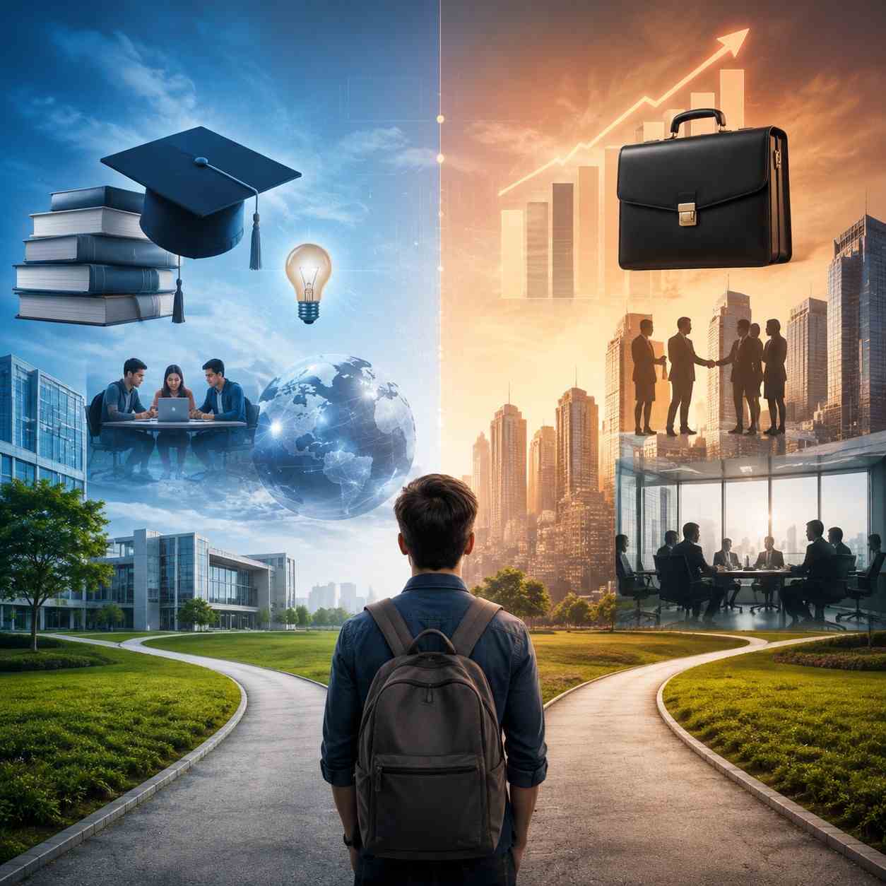 MiM vs MBA comparison showing a student choosing between management education and business leadership career paths with academic and corporate symbols.